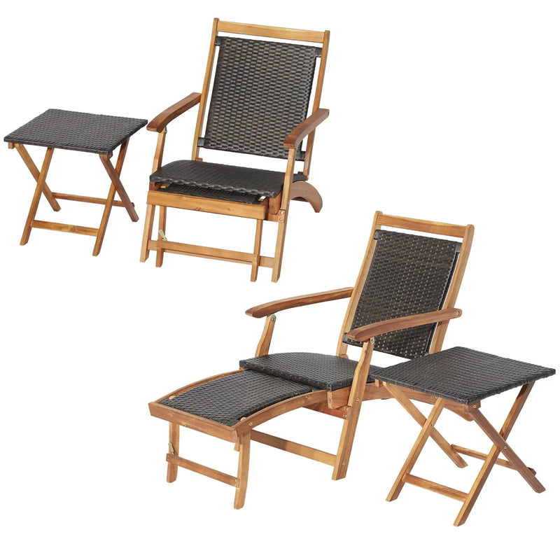 2 Pieces Patio Rattan Folding Lounge Chair with Acacia Wood Table by DirectDeals