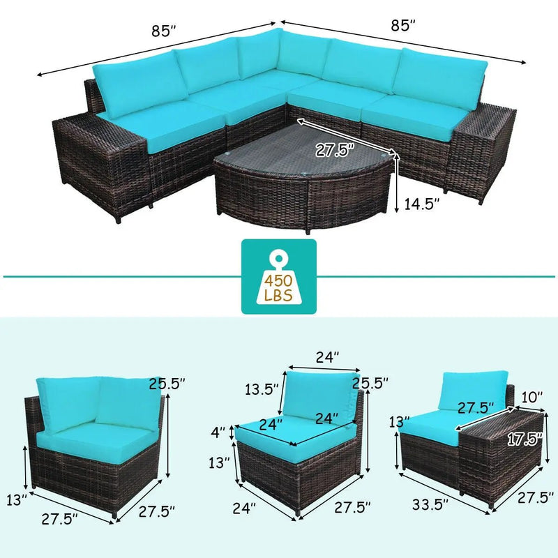 6 Piece Wicker Patio Sectional Sofa Set with Tempered Glass Coffee Table by DirectDeals