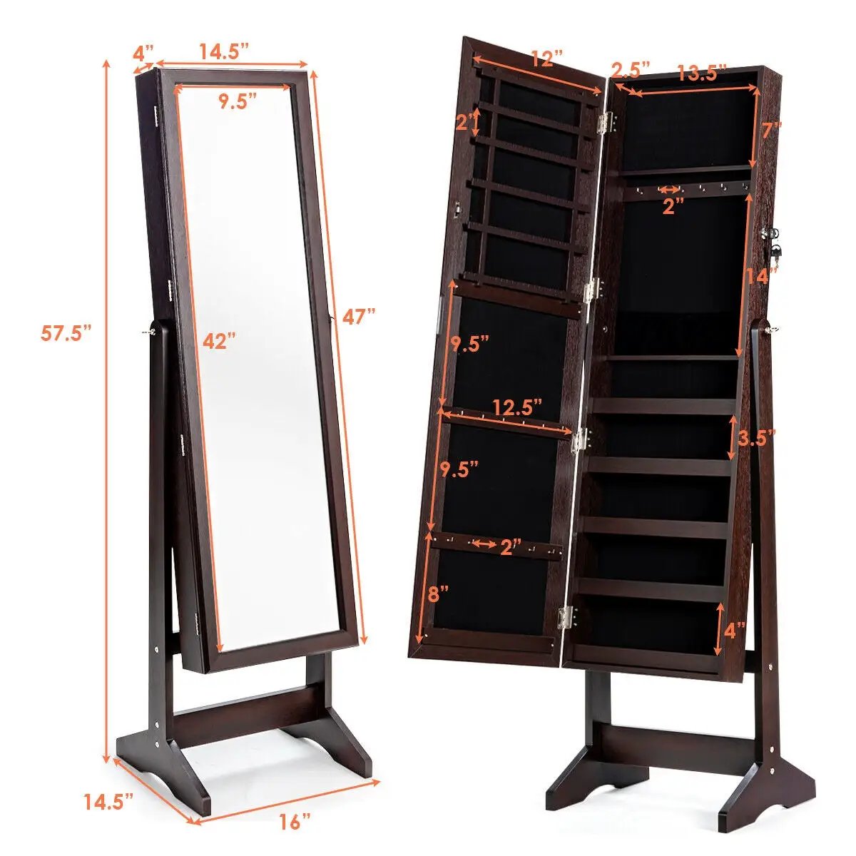 Jewelry Cabinet Stand Mirror Armoire with Large Storage Box by DirectDeals
