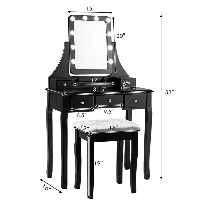Vanity Dressing Table Set with 10 Dimmable Bulbs and Cushioned Stool by DirectDeals