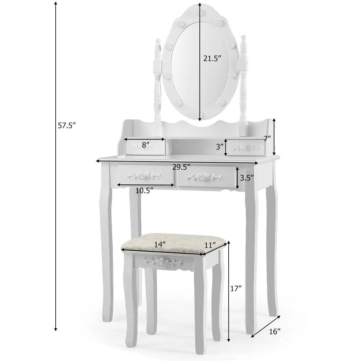 Makeup Vanity Dressing Table Set with Dimmable Bulbs Cushioned Stool, photo 4 of 10