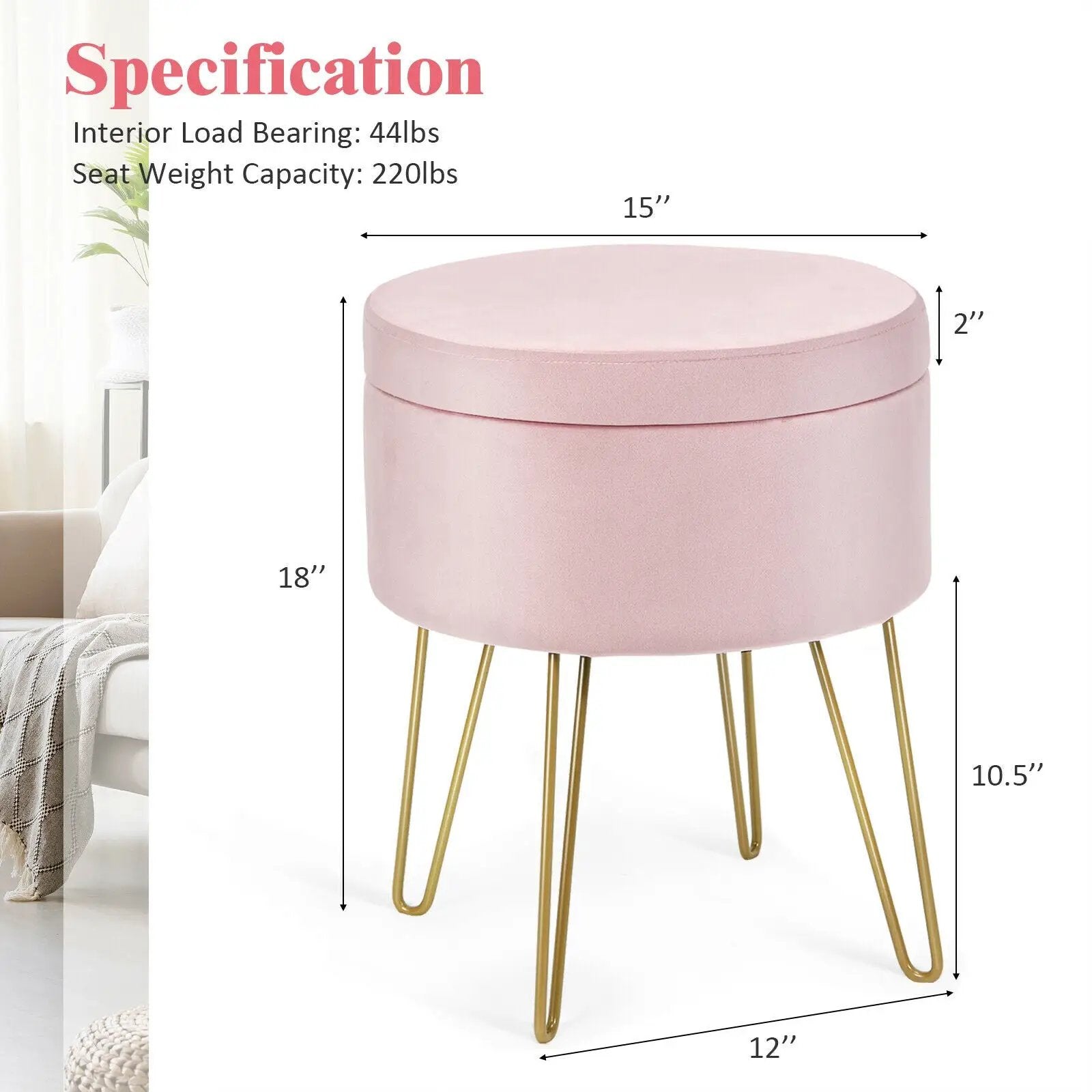 Round Velvet Storage Ottoman Footrest Stool Vanity Chair with Metal Legs by DirectDeals