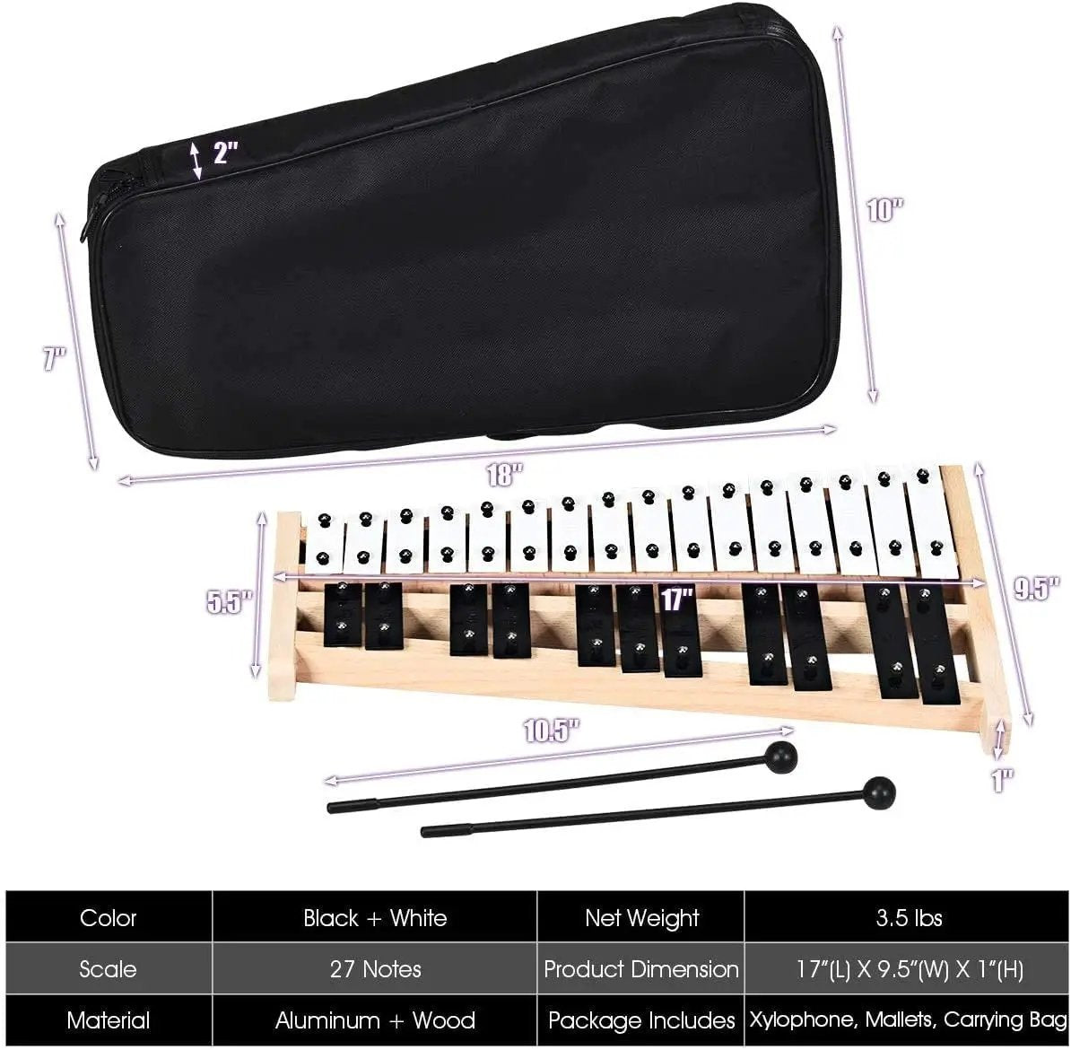27 Note Glockenspiel Xylophone with 2 Rubber Mallets by DirectDeals