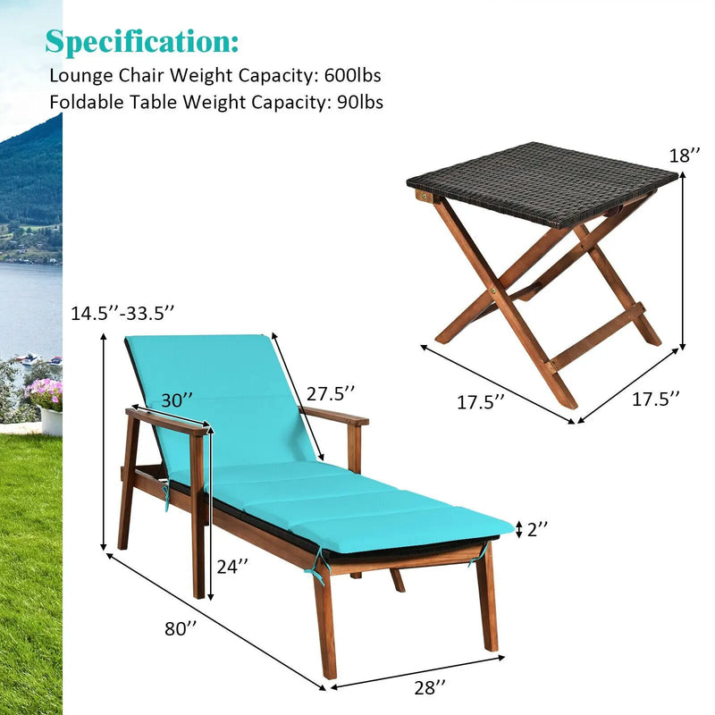 3 Pieces Portable Patio Cushioned Rattan Lounge Chair Set with Folding Table by DirectDeals