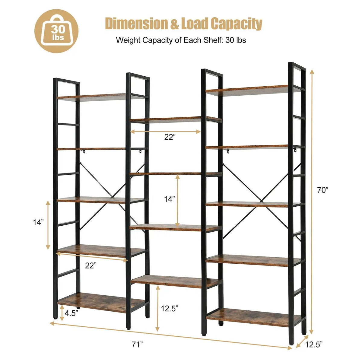 Vintage Triple Wide 5-Tier Bookcase Large Bookshelf Display Storage Shelf, photo 5 of 16