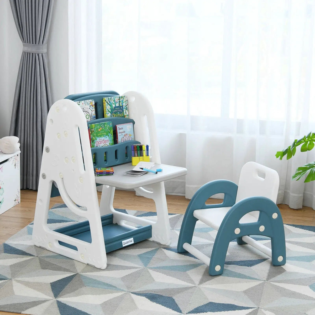 2-in-1 Kids Easel Desk Chair Set Book Rack Adjustable Art Painting Board, photo 3 of 9