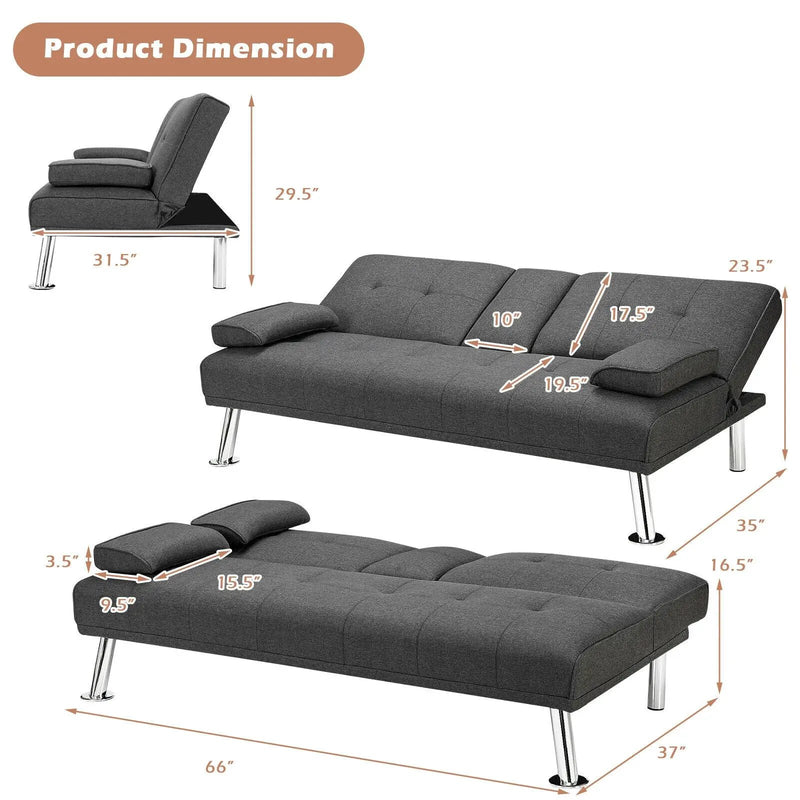 Convertible Folding Futon Sofa Bed Fabric with 2 Cup Holders by DirectDeals
