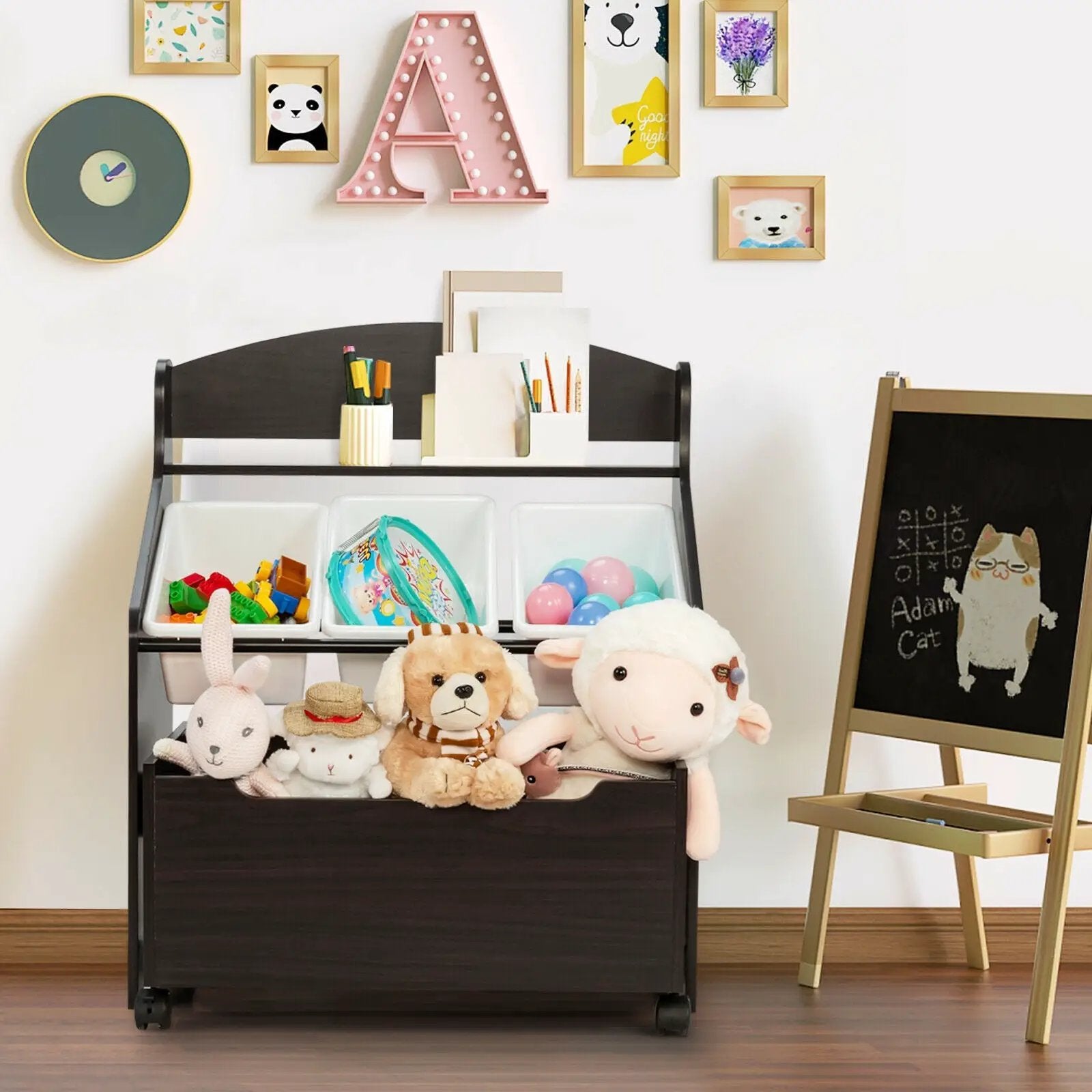 Kids Wooden Toy Storage Unit Organizer with Rolling Toy Box and Plastic Bins by DirectDeals