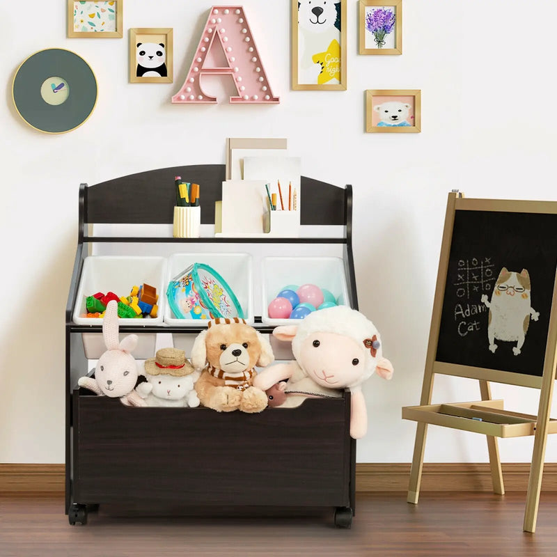 Kids Wooden Toy Storage Unit Organizer with Rolling Toy Box and Plastic Bins by DirectDeals