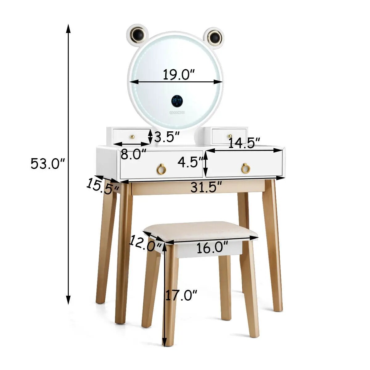 Vanity Set with 3-Color Lighted Touch Screen Dimming Mirror and 4 Drawers by DirectDeals