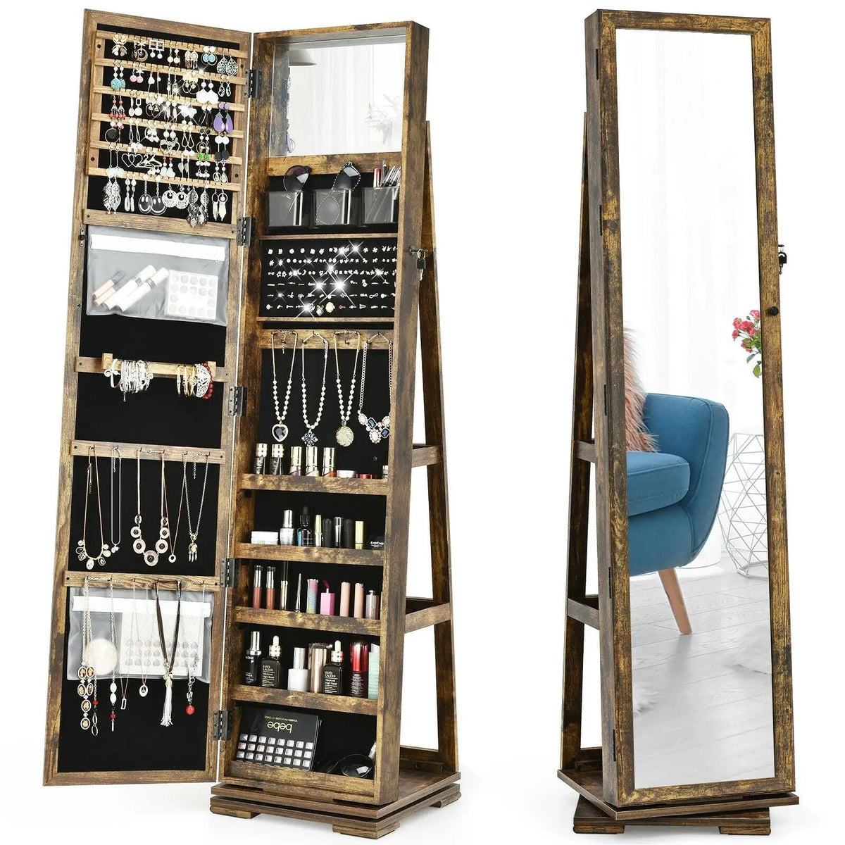 360° Rotatable 2-in-1 Lockable Jewelry Cabinet with Full-Length Mirror, photo 9 of 17