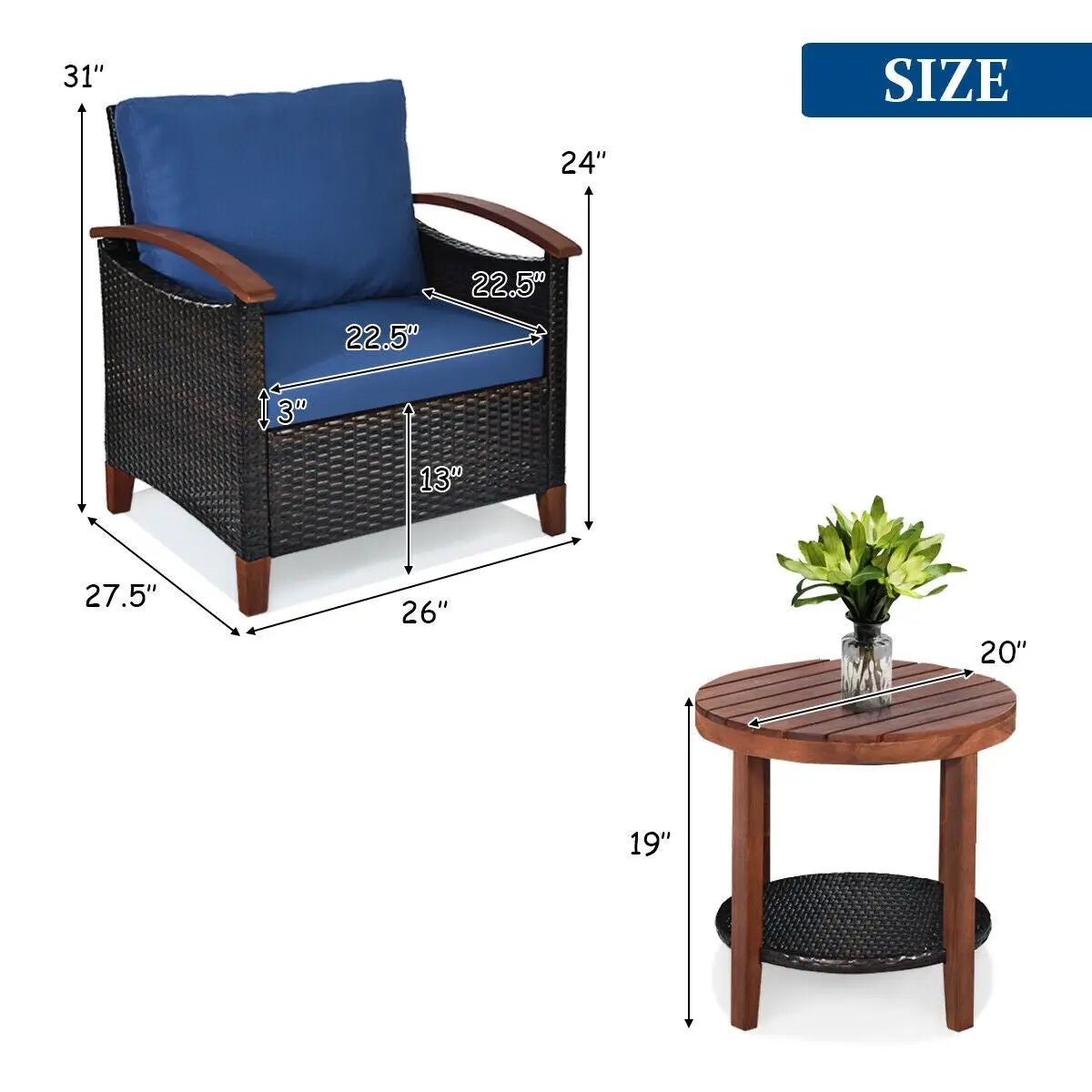 3 Pieces Patio Rattan Furniture Set with Washable Cushion and Acacia Wood Tabletop by DirectDeals