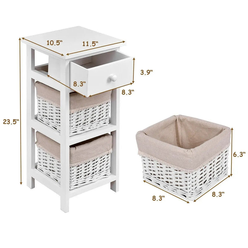 2 Pieces Bedroom Bedside End Table with Drawer Baskets-White by DirectDeals