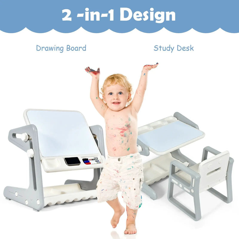 2 in 1 Kids Easel Table and Chair Set with Adjustable Art Painting Board by DirectDeals