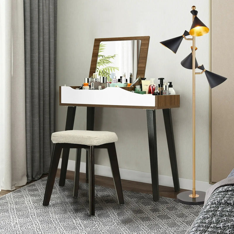 Vanity Table Set with Flip Top Mirror and Padded Stool-Brown by DirectDeals