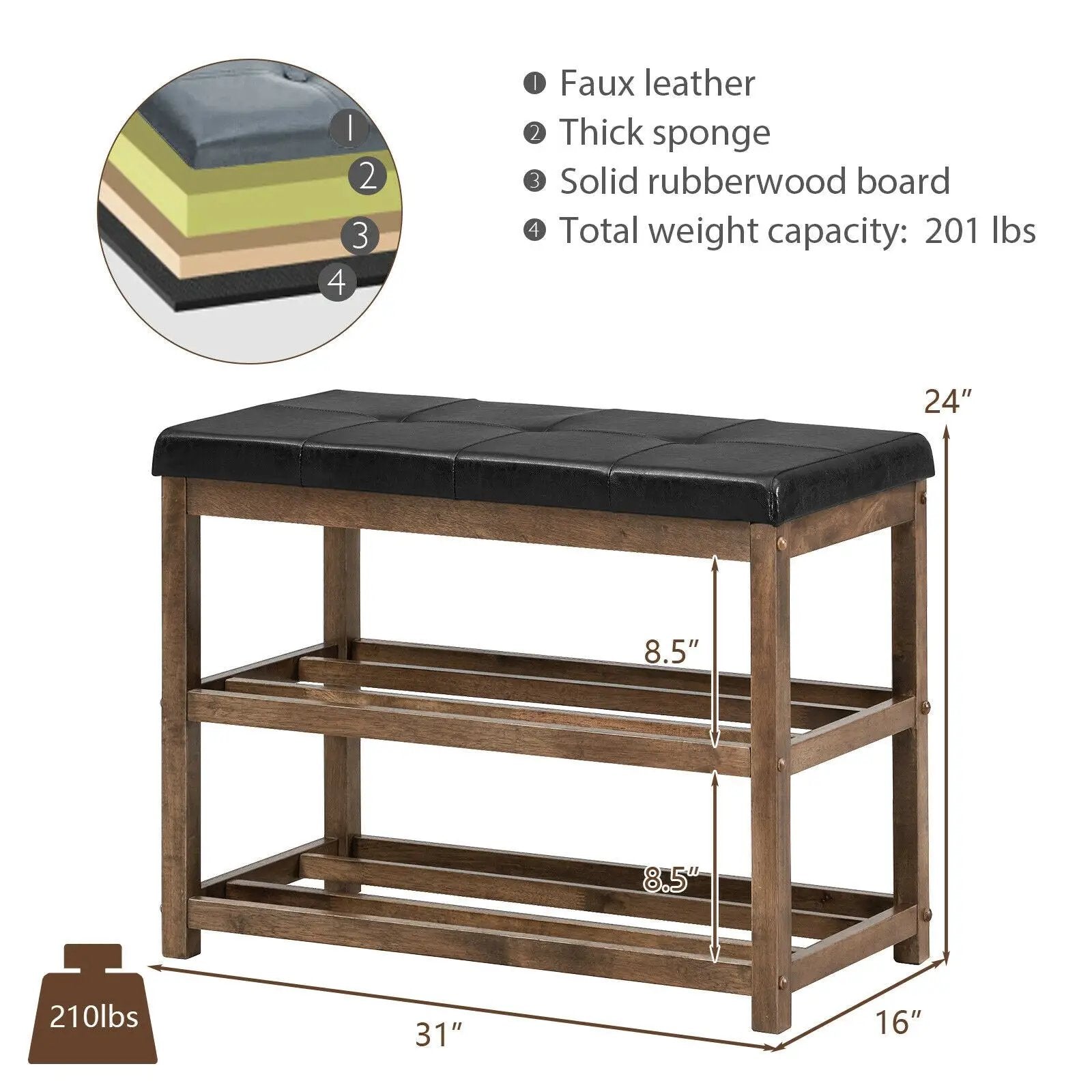 2-Tier Wooden Shoe Rack Bench with Padded Seat by DirectDeals