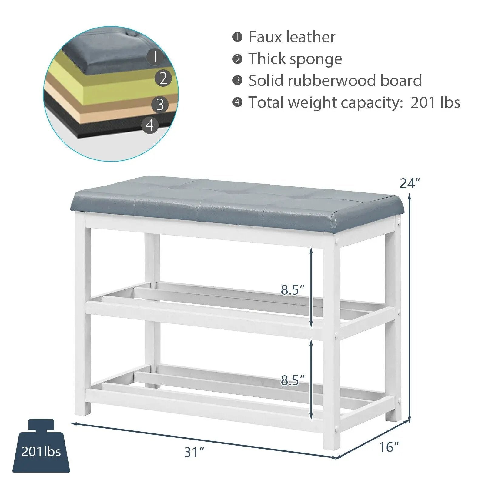 2-Tier Wooden Shoe Rack Bench with Padded Seat by DirectDeals