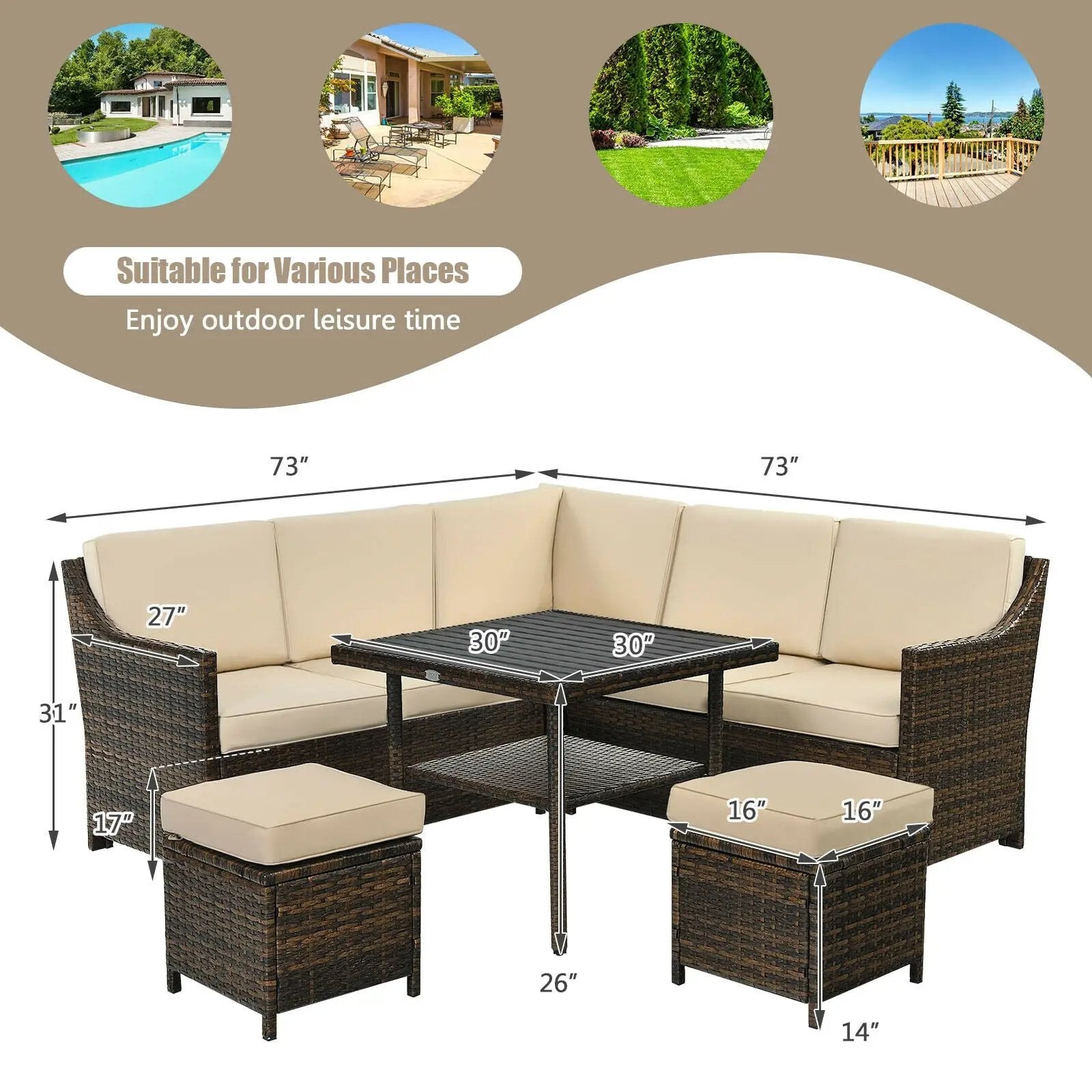 6 Pieces Patio Rattan Dining Sofa Funiture Set by DirectDeals