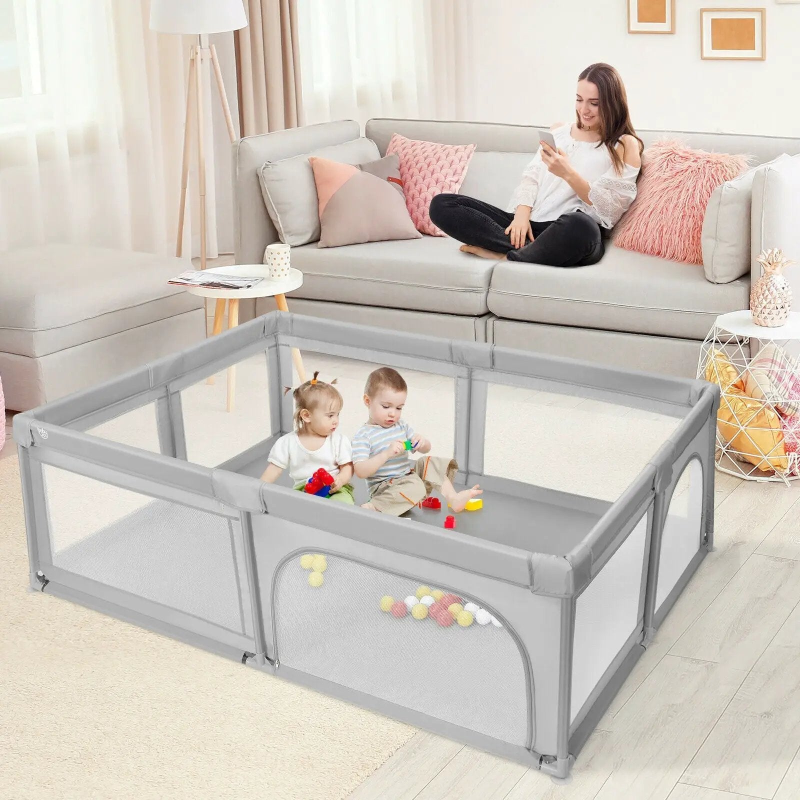 Extra-Large Safety Baby Fence with 50 Ocean Balls-Gray by DirectDeals