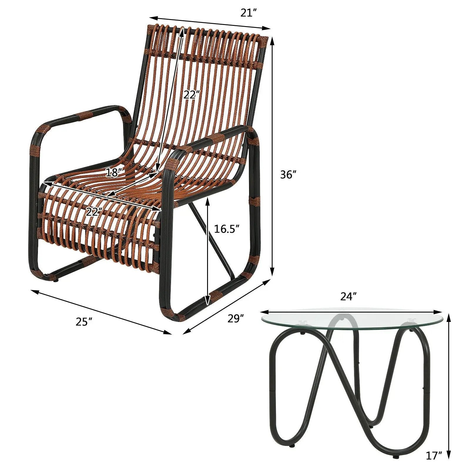 3 Pieces Patio Rattan Furniture Set with 2 Single Wicker Chairs and Glass Side Table by DirectDeals