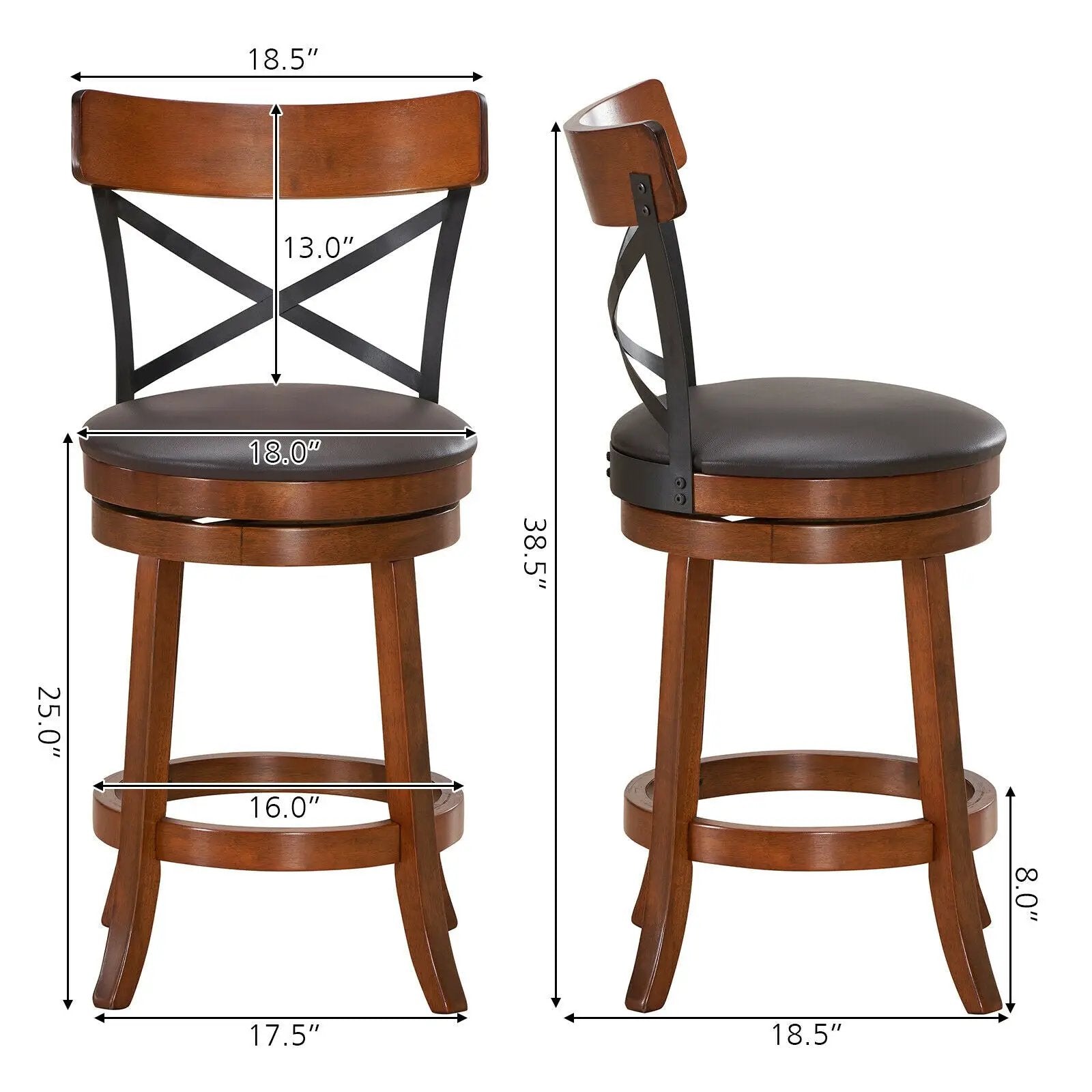 Set of 2 Bar Stools 360-Degree Swivel Dining Bar Chairs with Rubber Wood Legs by DirectDeals