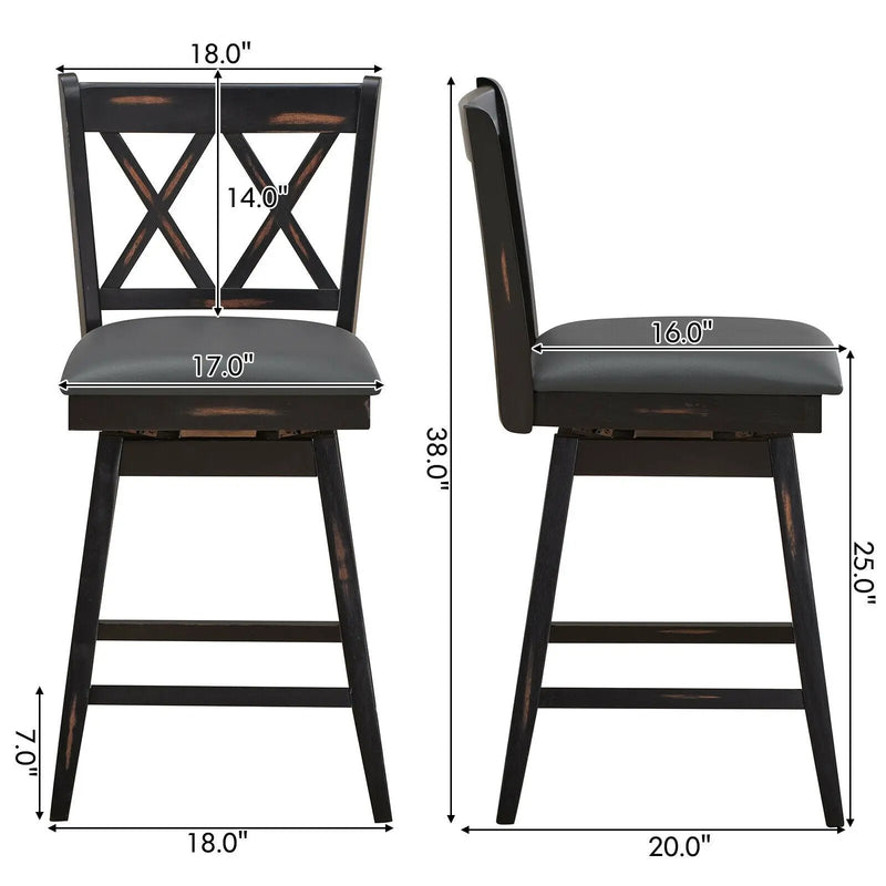 2 Pieces 24 Inch Swivel Counter Height Barstool Set with Rubber Wood Legs by DirectDeals