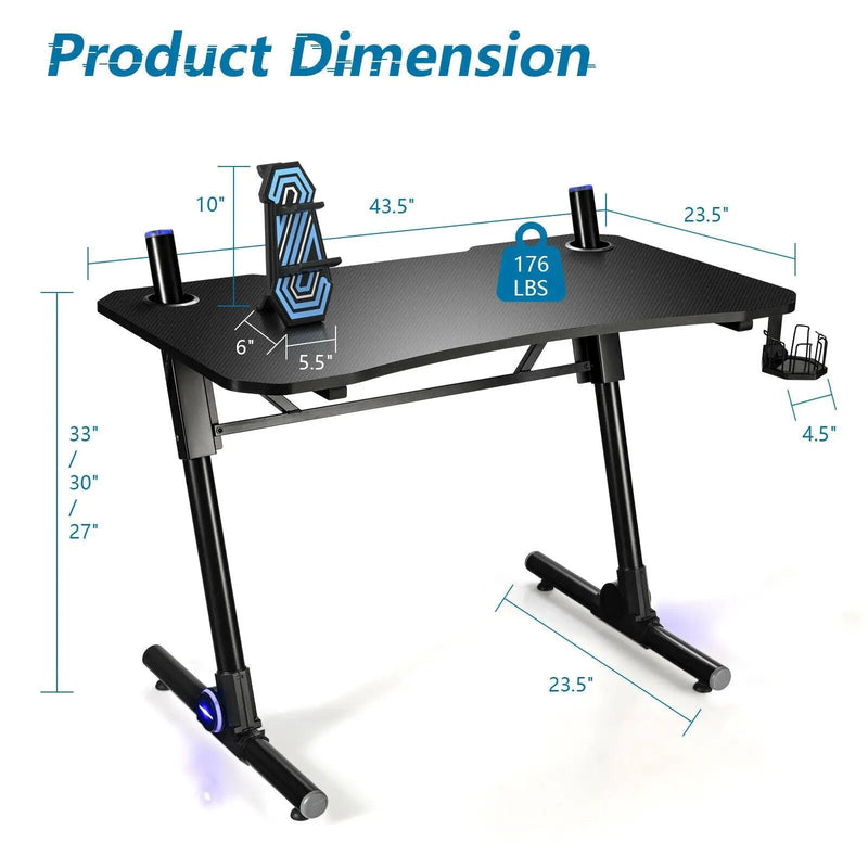 43.5 Inch Height Adjustable Gaming Desk with Blue LED Lights by DirectDeals