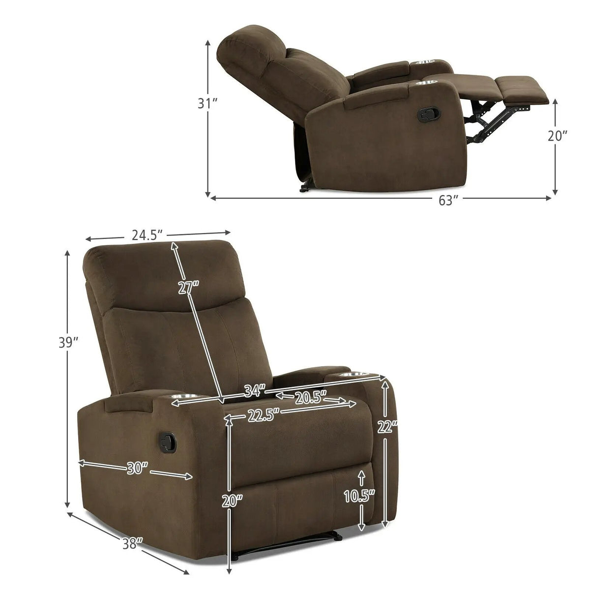Recliner Chair Single Sofa Lounger with Arm Storage and Cup Holder for Living Room, photo 10 of 16