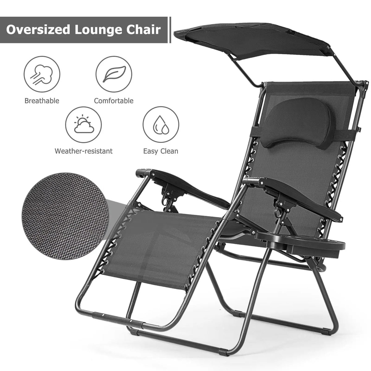 Folding Recliner Lounge Chair with Shade Canopy Cup Holder, photo 5 of 10