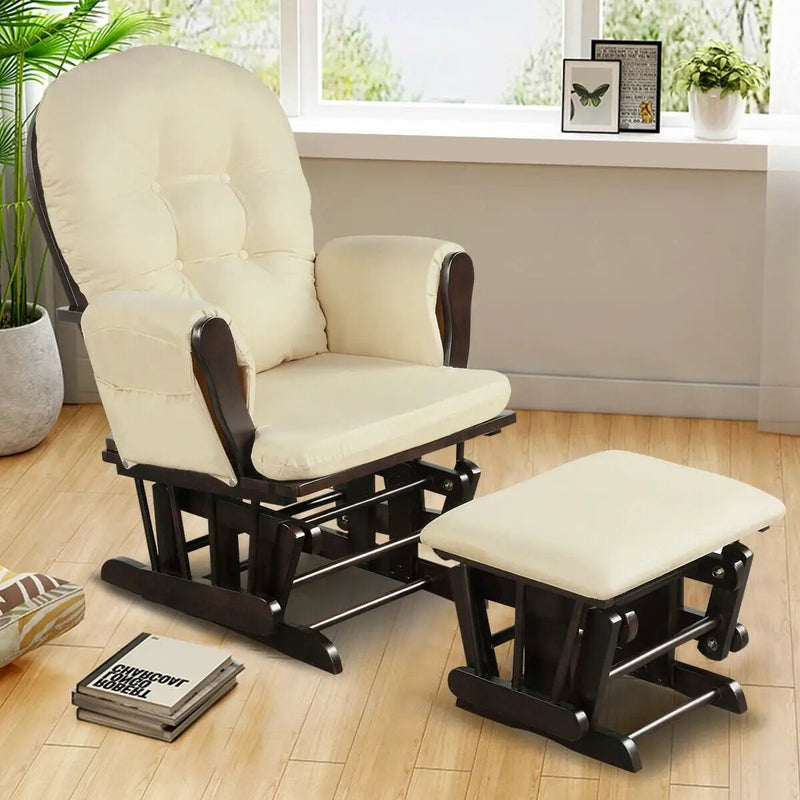 Wood Glider and Ottoman Set with Padded Armrests and Detachable Cushion by DirectDeals