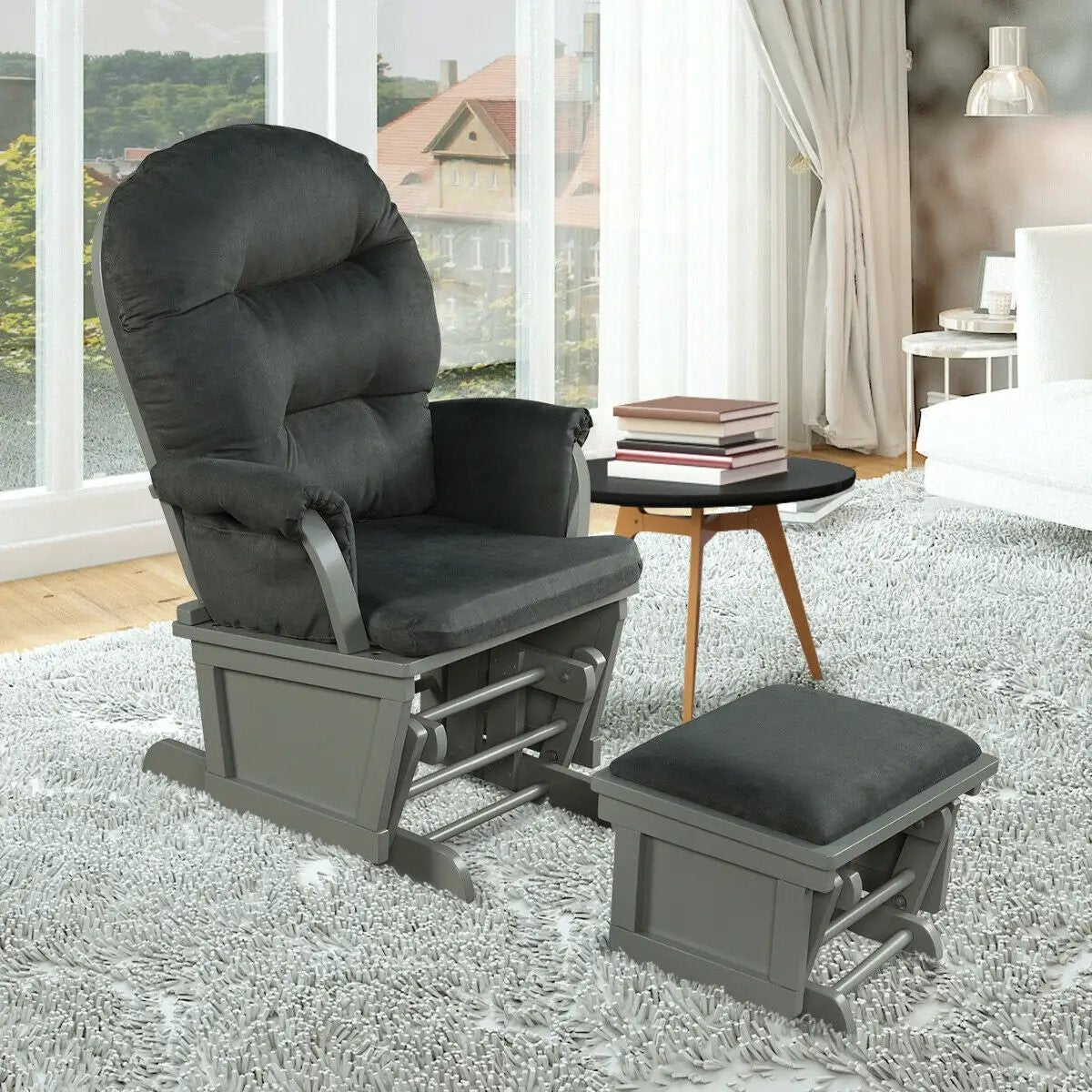 Wood Baby Glider and Ottoman Cushion Set with Padded Armrests for Nursing by DirectDeals