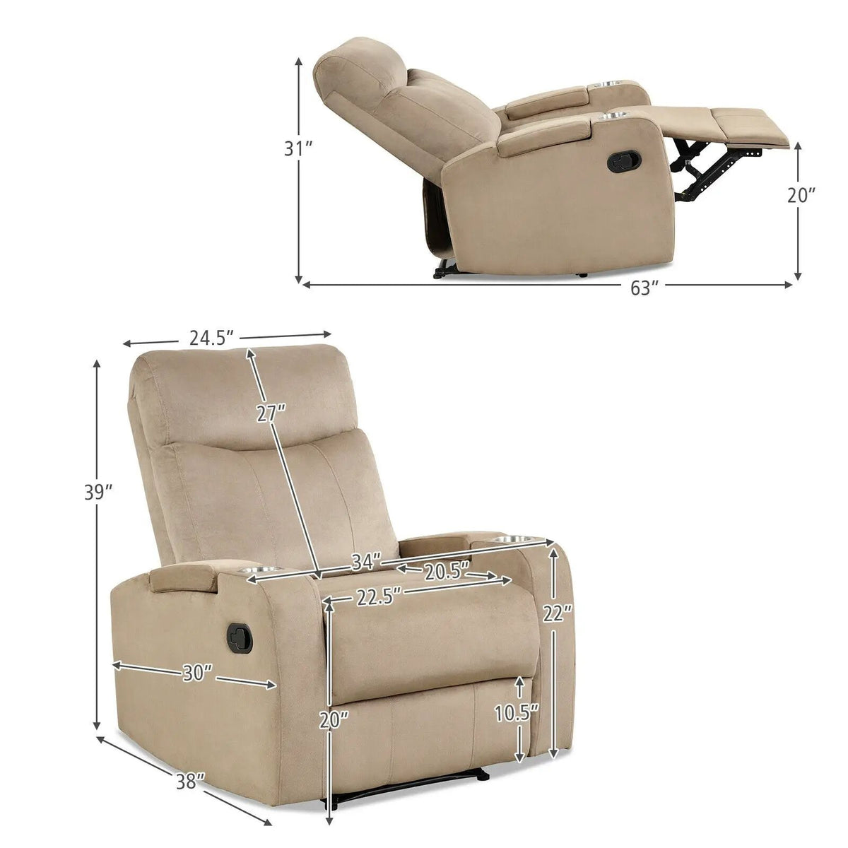 Recliner Chair Single Sofa Lounger with Arm Storage and Cup Holder for Living Room, photo 7 of 16
