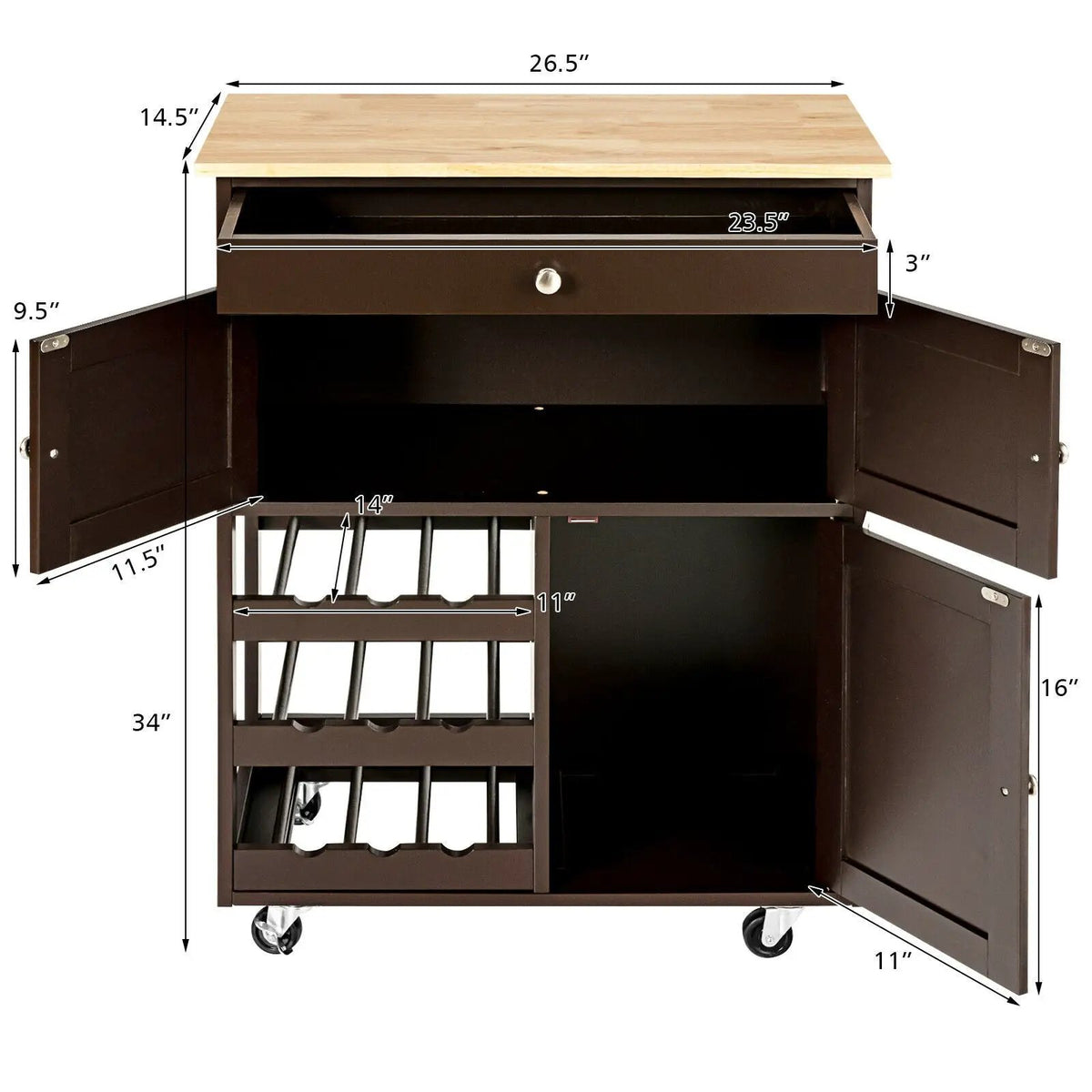 Kitchen Cart with Rubber Wood Top 3 Tier Wine Racks 2 Cabinets, photo 7 of 16