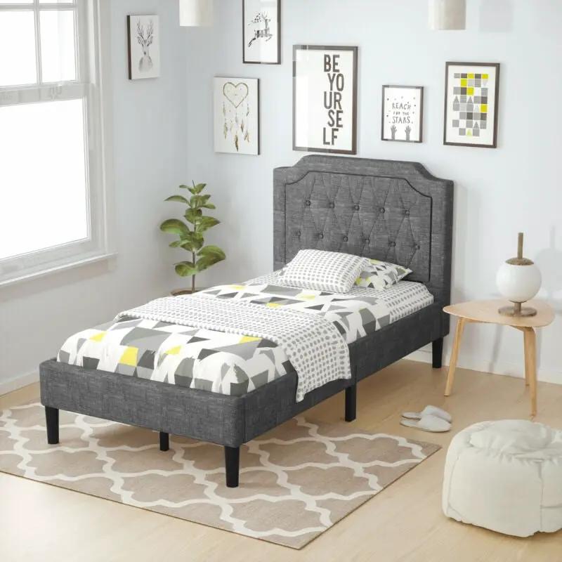 Linen Twin Upholstered Platform Bed with Frame Headboard Mattress Foundation by DirectDeals