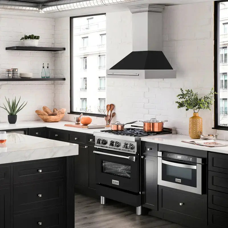 ZLINE 36" Autograph Black Stainless Wall Range Hood 8654STX-BLM-36 by Farmhouse Kitchen and Bath