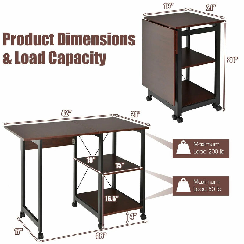 Rolling Folding Computer Desk with Storage Shelves by DirectDeals