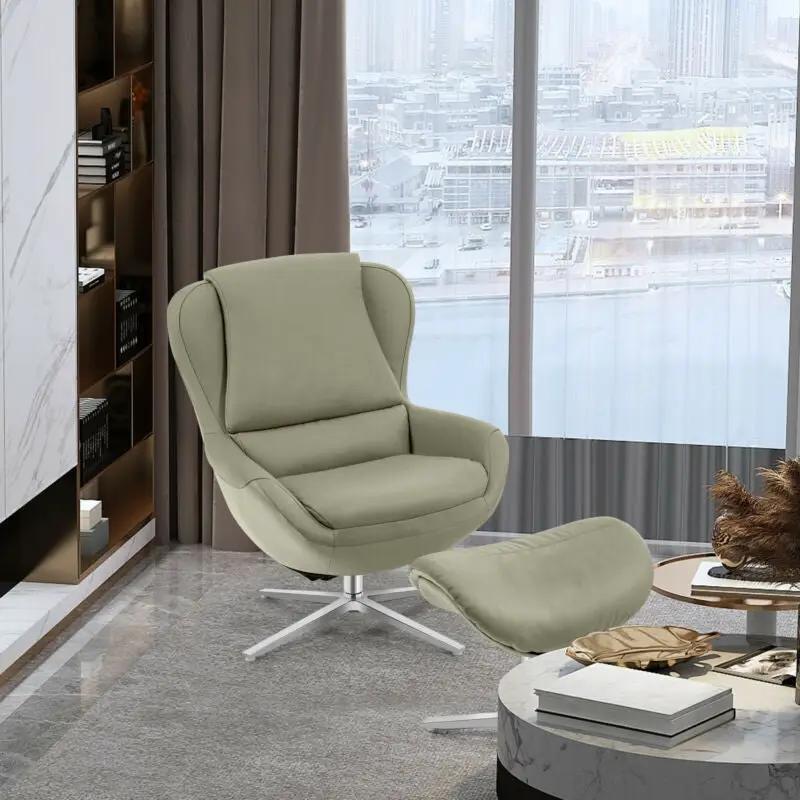 360¬∞ Swivel Leather Lounge Chair with Ottoman and Aluminum Alloy Base by DirectDeals