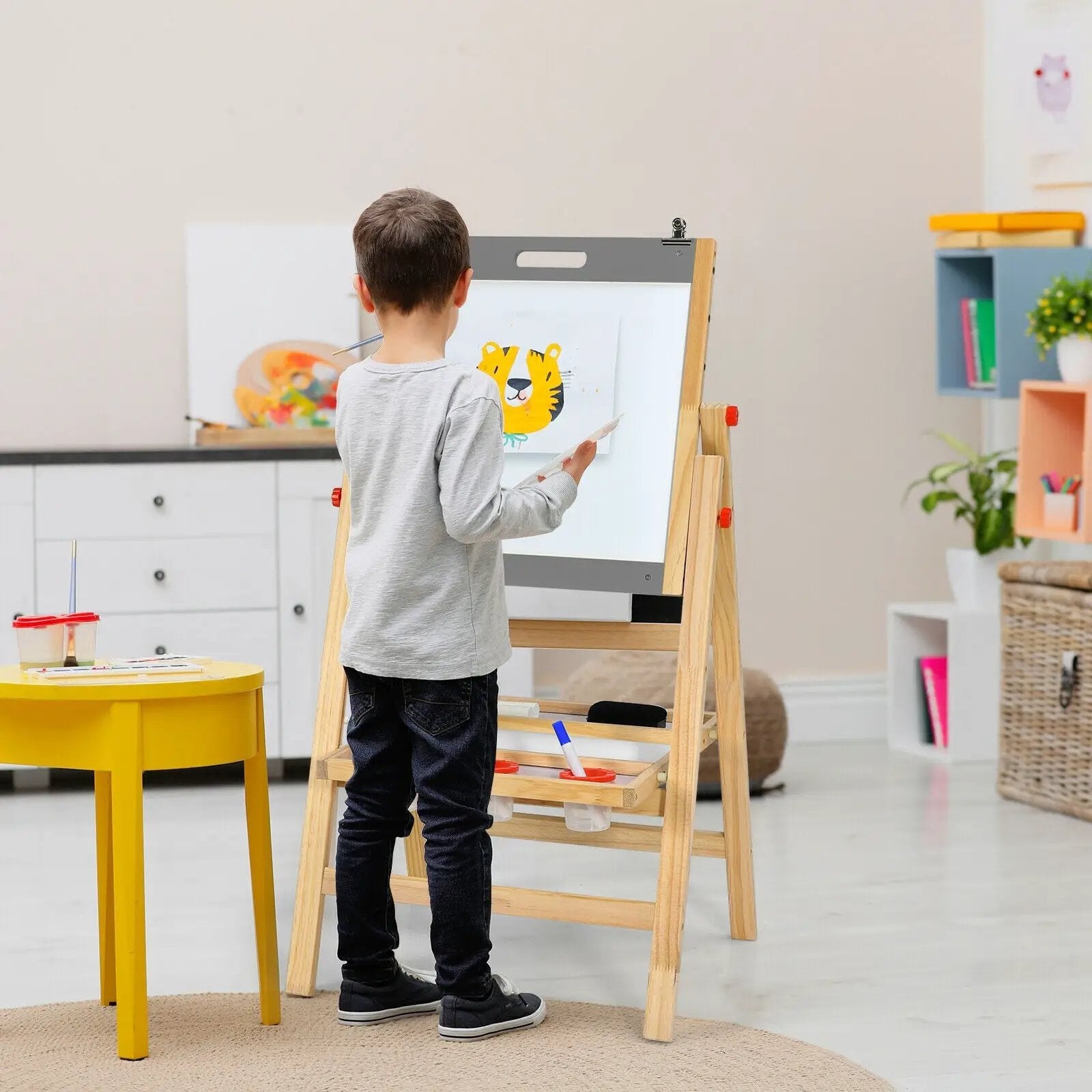 Kids Art Easel with Paper Roll Double Sided Chalkboard and Whiteboard-Gray by DirectDeals