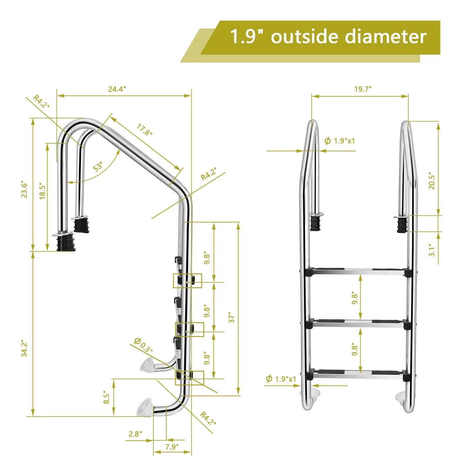 3-Step Stainless Steel Swimming Pool Ladder with Anti-Slip Step by DirectDeals