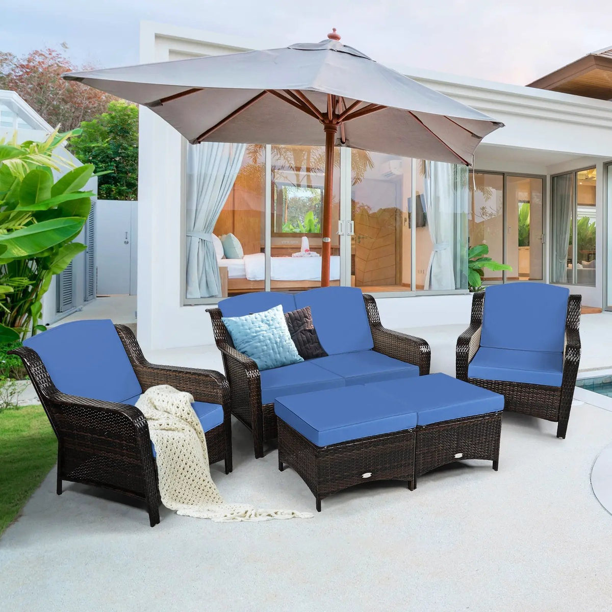 5 Pieces Patio Rattan Sofa Set with Cushion and Ottoman, photo 7 of 10