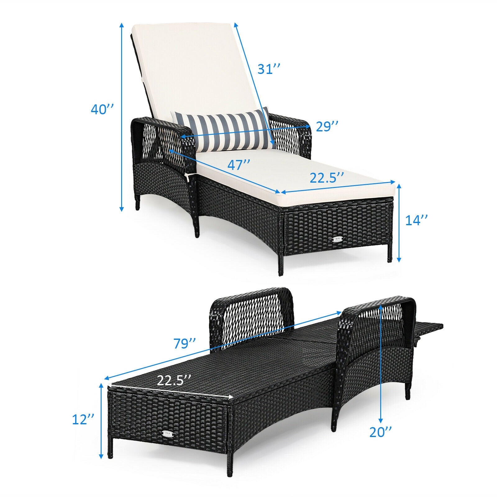 Patio Wicker Chaise Lounge Chair with Pillow and Adjustable Backrest with Cushion-Black by DirectDeals