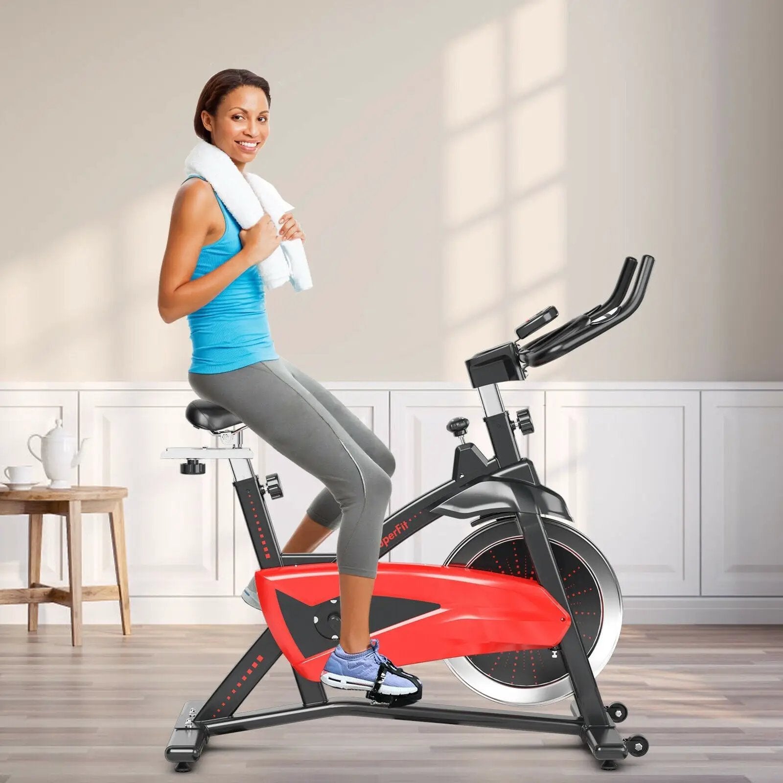 Magnetic Exercise Bike Fitness Cycling Bike with 35Lbs Flywheel for Home and Gym-Black & Red by DirectDeals