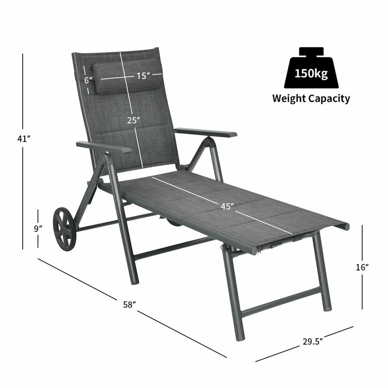 Patio Reclining Chaise Lounge with Adjust Neck Pillow-Gray by DirectDeals
