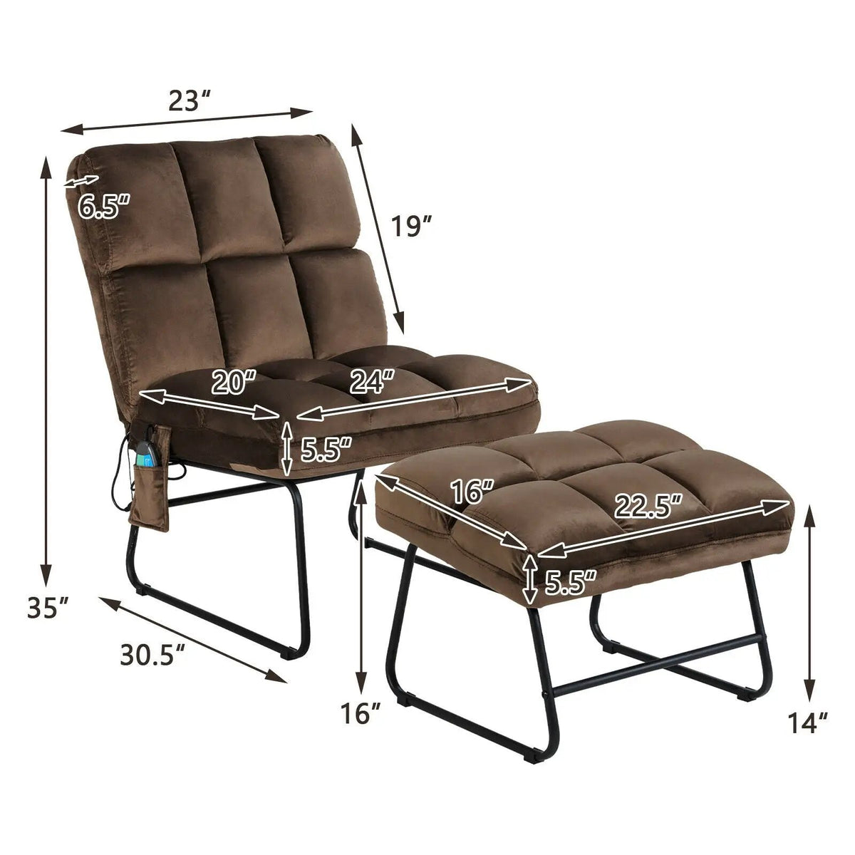 Velvet Massage Recliners with Ottoman Remote Control and Side Pocket, photo 4 of 9