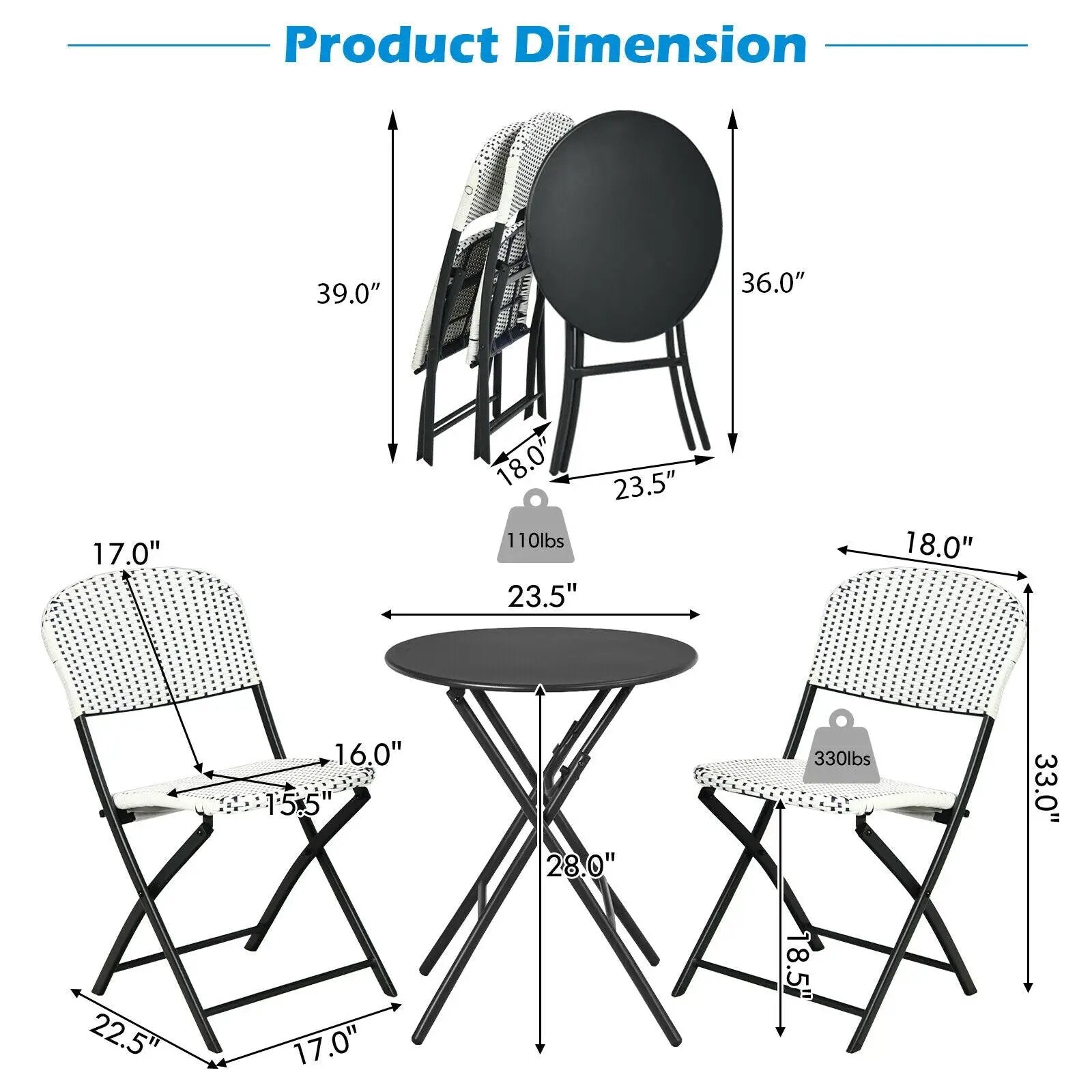 3 Pieces Patio Rattan Bistro Set with Round Dining Table and 2 Chairs by DirectDeals