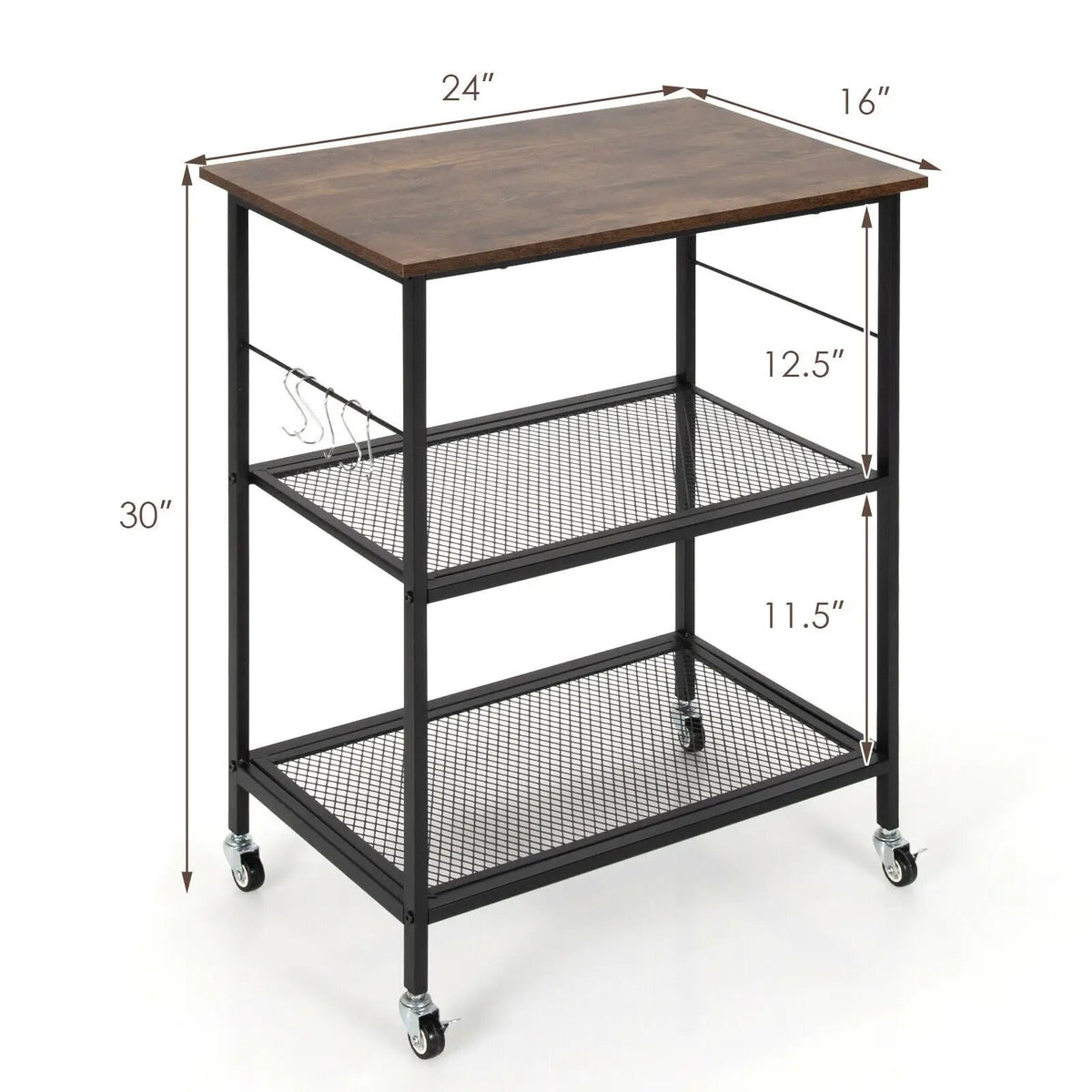3-Tier Kitchen Serving Cart Utility Standing Microwave Rack with Hooks, photo 4 of 9