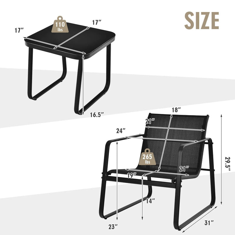 3 Pieces Patio Bistro Furniture Set with Glass Top Table Garden Deck-Black by DirectDeals