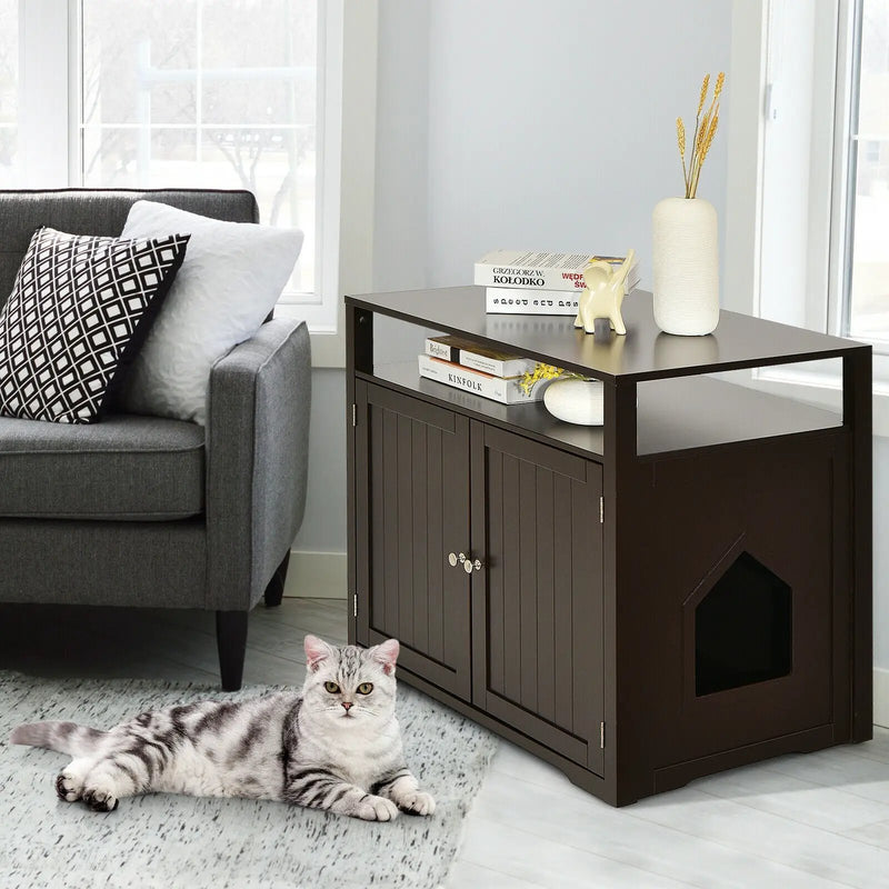 Wooden Cat Litter Box Enclosure Hidden Cat Washroom with Storage Layer by DirectDeals