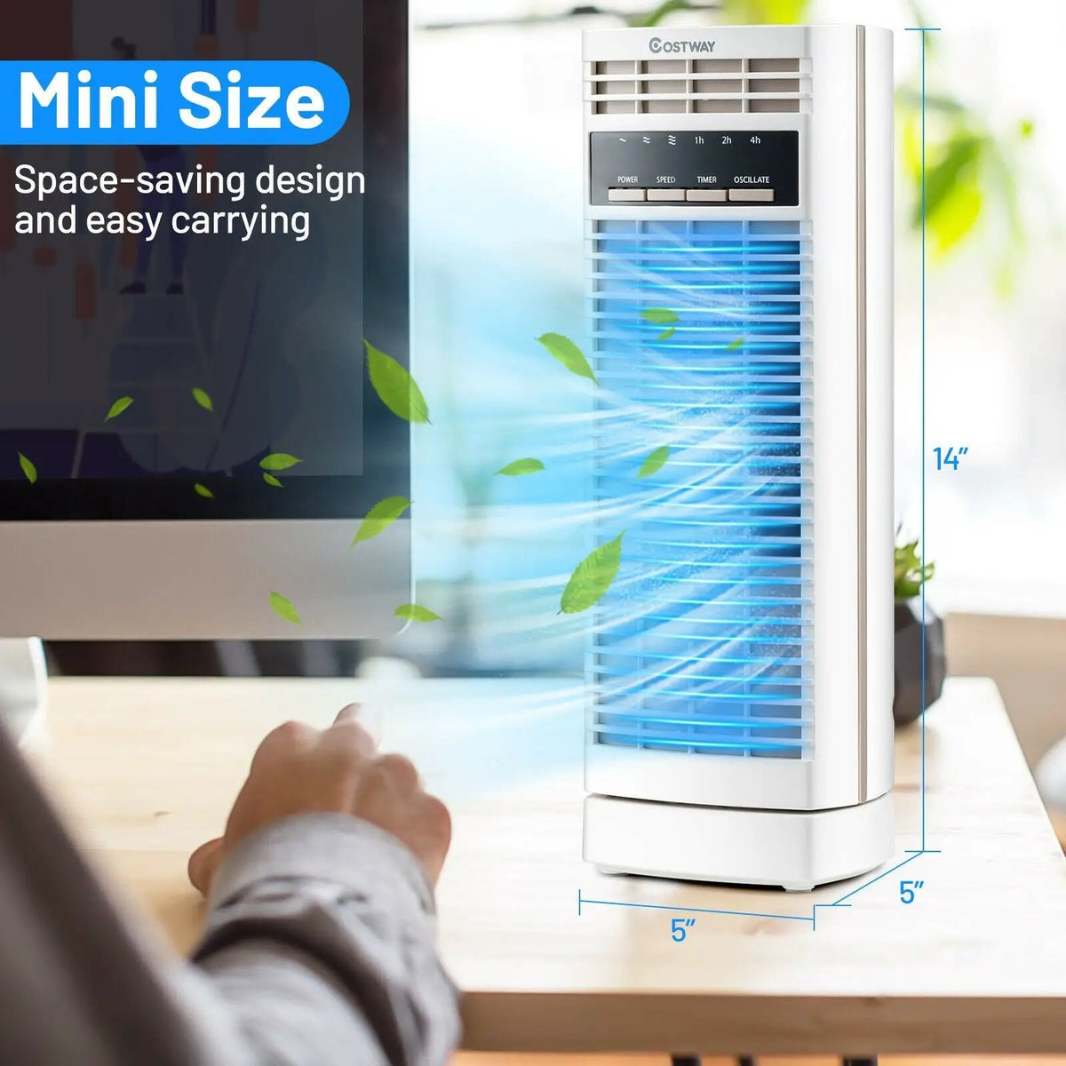 14 Inch Mini Oscillating Tower Fan Electric Desk Fan with 3 Speed and Timer, photo 4 of 9