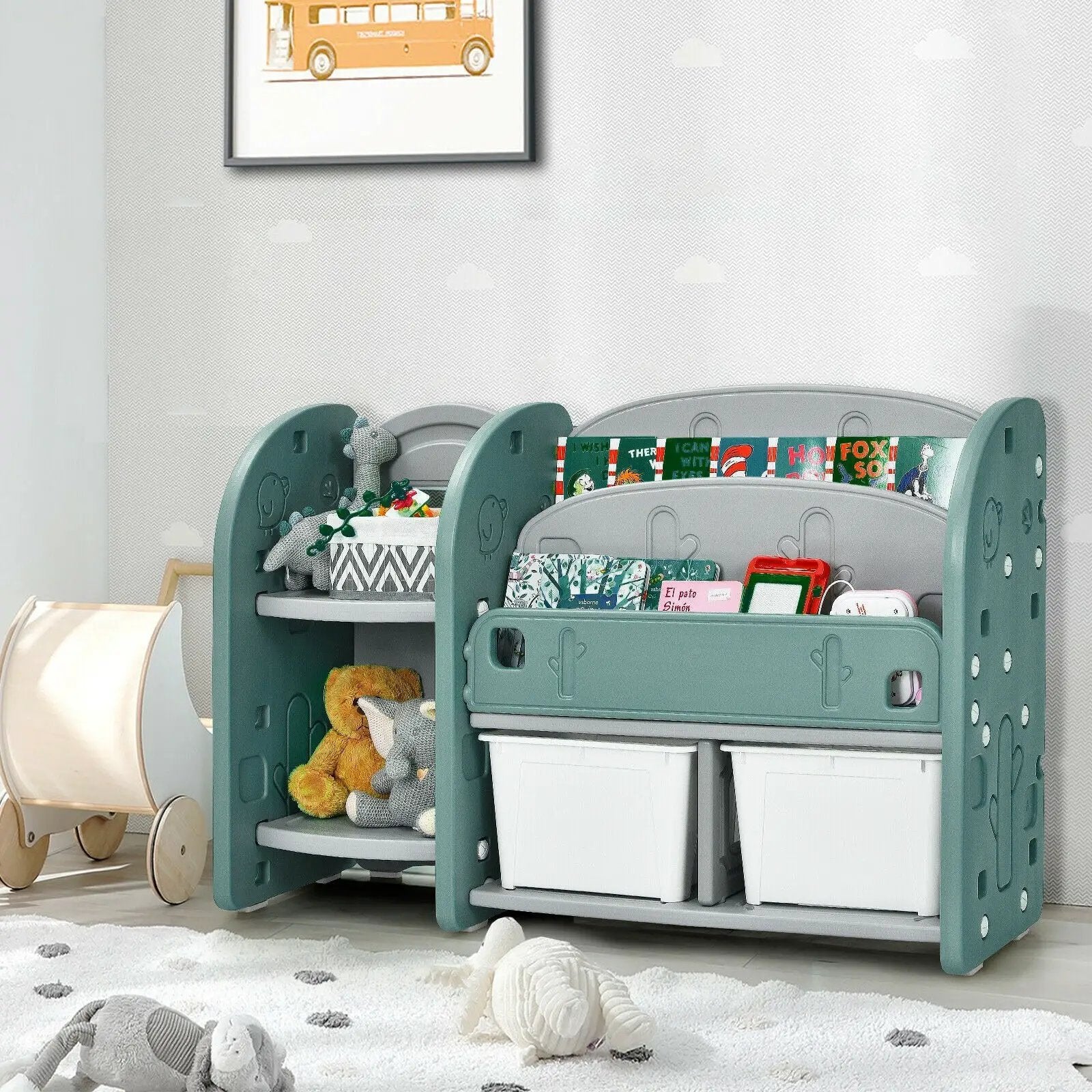 Kids Toy Storage Organizer with 2-Tier Bookshelf and Plastic Bins by DirectDeals